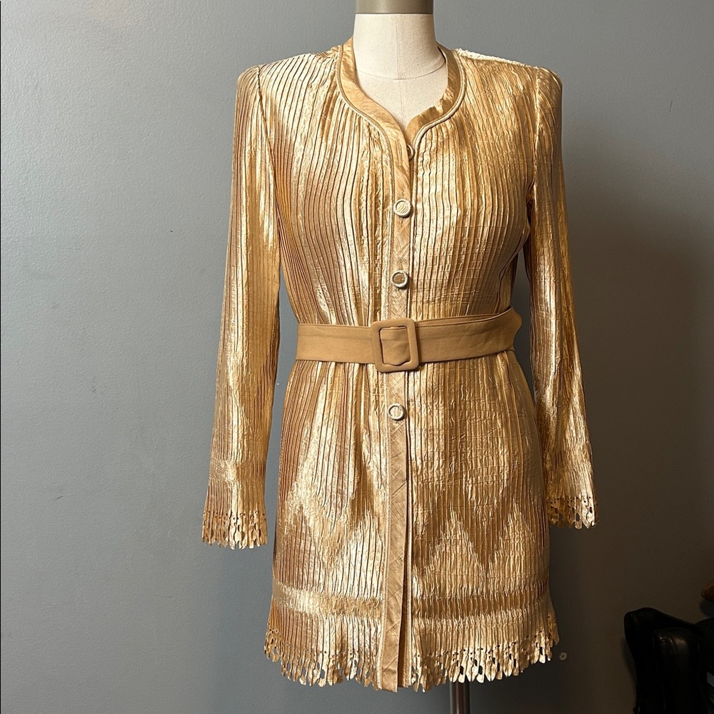 Vintage Jeanne Marc Shimmering Gold Pleated Crinkle Button-Down Shirt or Dress 2
